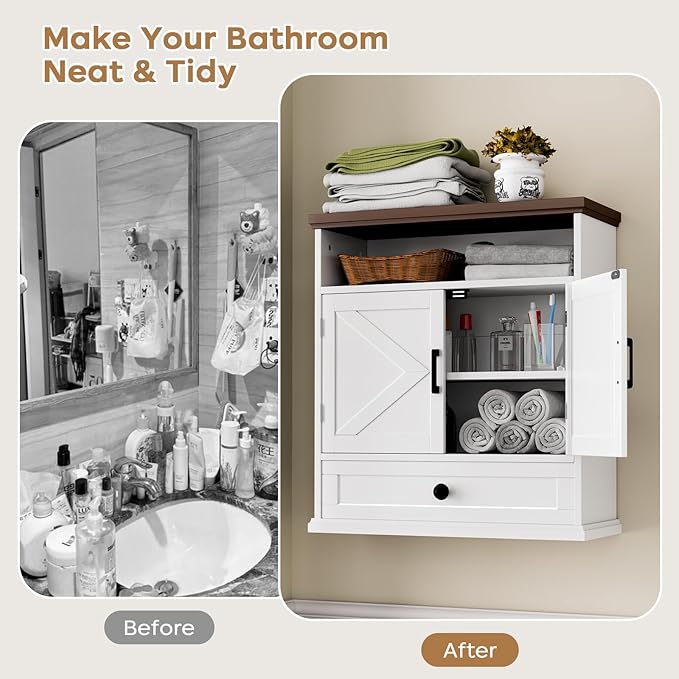 Bathroom Wall Cabinet, Farmhouse Wall Mounted Medicine Cabinet with Drawer, Barn Doors and Adjustable Shelf, 25"H x 23.6"W x 9"D White Over Toilet Storage Cabinet for Kitchen, Laundry Room, Entryway