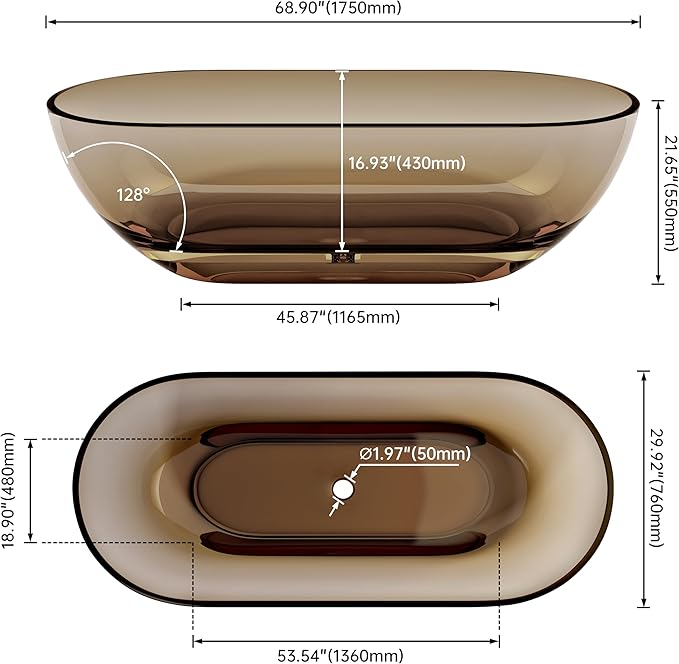 SJ STAR&JANE 69" Solid Surface Freestanding Bathtub Stone Resin Oval Soaking Tub Stand Alone Tub with Pop-up Drain Transparent Sepia