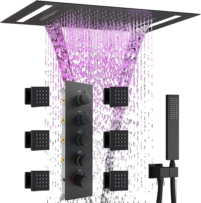 Multi Full Body Thermostatic Luxury Spa Shower System And 14x20 Inch LED 4 Functions Faucet Set, Rainfall Spray Waterfall Can Be Turned On Simultaneously,Matte Black
