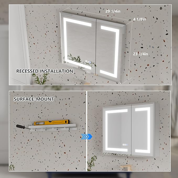 GroGro LED Lighted Bathroom Medicine Cabinet with Mirror, 30" W x 24" H Beveled Edge Medicine Cabinet with Lights,Surface or Recessed Mounting,Defog,Dimming,3-Color Temperature Adjustment