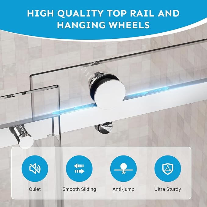 56-60"Wx72"H Frameless Reversible Single Sliding Shower Door, 1/4" Clear SGCC Tempered Glass& Shatter Proof Film , 304 Stainless Steel Hardware, Water Protection Seal Plus Glass-fixing Aluminum Stripe