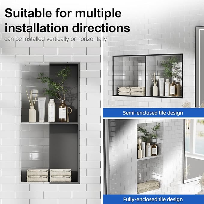 Bathbliss Shower Niche, No‑Tile Recessed Wall Niche, 11.18"x22.3" SUS304 Stainless Steel Double Shelf, Leak‑Proof Waterproof for Bathroom Storage, Matte Black