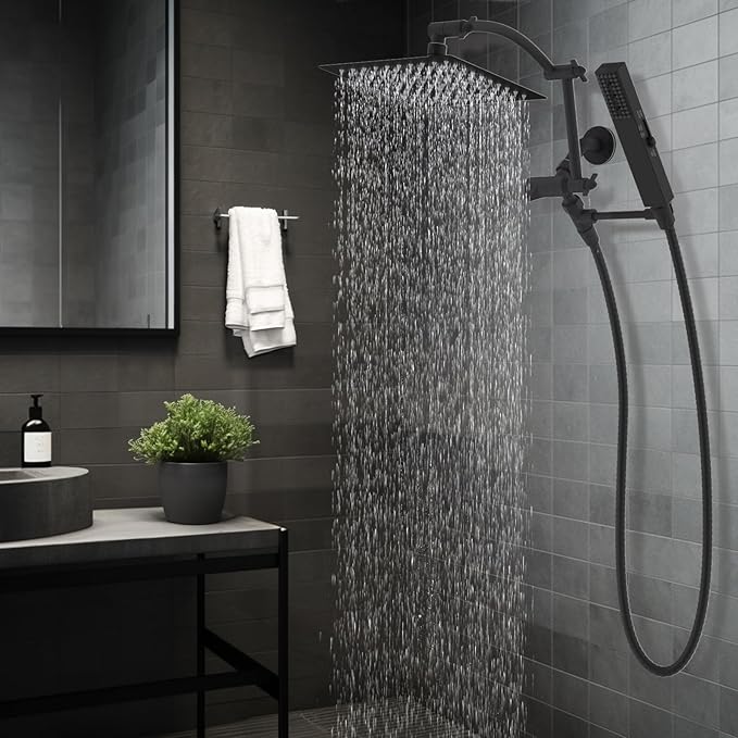 Hibbent All Metal CUPC Certified 8'' Rainfall Shower Head, Dual Shower Head Combo, High Pressure Handheld 4 Sprays Shower Wand, 16'' Adjustable Extension Arm, 71'' Hose, Shower Holder, Matte Black