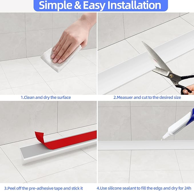 78 Inch Shower Threshold Water Dam Barrier,Shower Dam Water Stopper for Frameless Shower Door Bottom,Silicone Splash Guard for Kitchen Bathroom Sink Counter,for Wet and Dry Separation,White