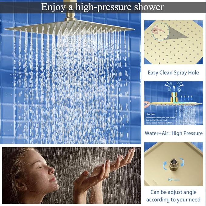 Shower Faucet Set Brushed Gold Shower System, Ceiling Mount 10 Inch Shower Head with 6 Inch Wall Mount Shower Head, Knob Switch Diverter Shower Faucet, Rough-in Valve Body and Trim Included