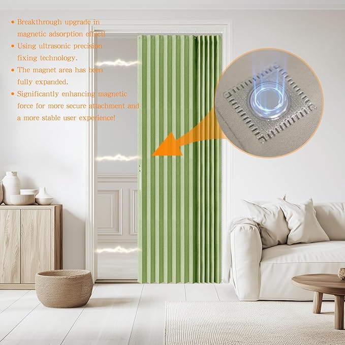 Accordian Door Curtain, 100% Blackout Folding Magnetic Doorway Curtains,Linen Style Closet Doors,for Room Divider,Privacy Protection（W52 x L78,Green,1 Panel）