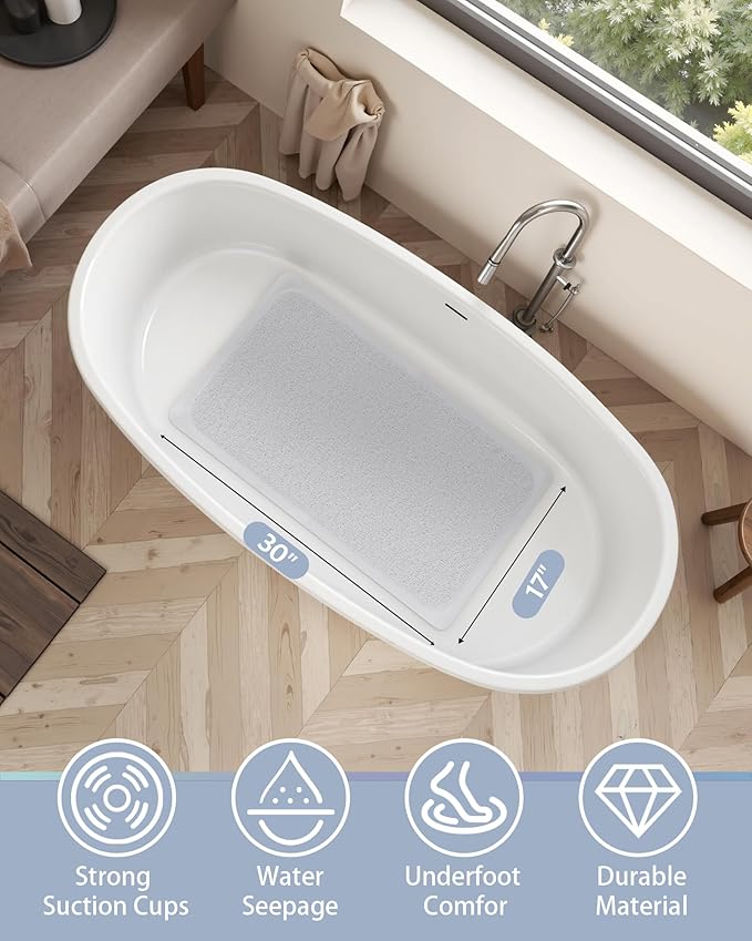Mecko Non Slip Shower Mats,17x30 Inch,Anti-Slip Bathtub Mats with Suction Cups for Bathroom, Foot Scrubber Loofah Bath Mats for Shower, Quick Drying Shower Stall Mats for Wet Areas (White)