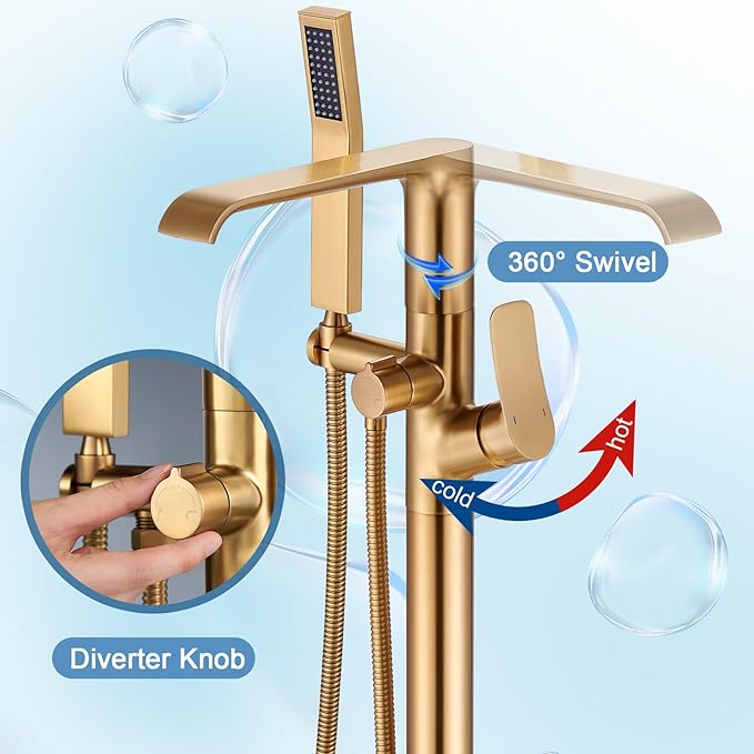 Floor Mount Tub Faucet Gold: Freestanding Bathtub Faucet with Handheld Spray Head - Gold Tub Filler Shower Faucet Set 360 Degree Swivel Waterfall Spout - Beelee