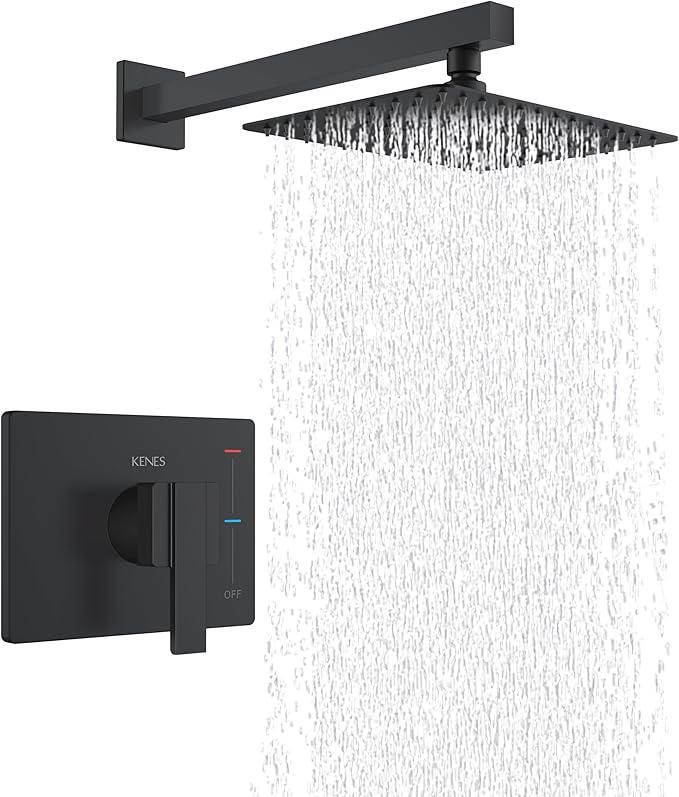 KENES Matte Black Shower Faucet with 10-Inch Shower Head and Handle Set, Square Shower Faucet Set Bathroom Rainfall Shower System Wall Mount, KE-6024B-2 (Shower Valve Included)