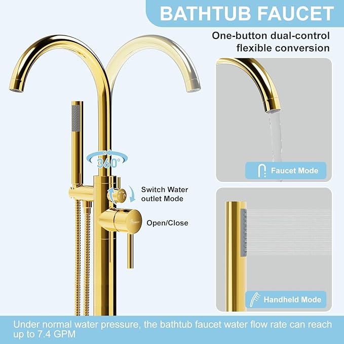 Freestanding Bathtub Faucet, Floor Mount Bathtub Faucet with 2 Water Outlet Modes, Swivel Gooseneck Spout with Hand Shower, Brass Single Handle Tub filler, Max Flow Rate 7.4 GPM, Gold