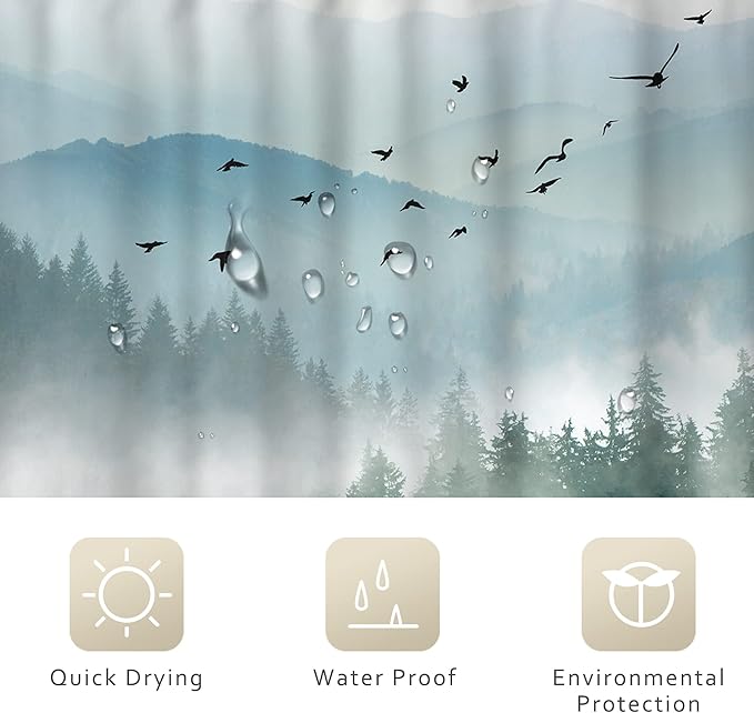 Riyidecor Rustic Green Mountain Shower Curtain for Bathroom Nature Woodland Tree Scenery Waterproof Cloth Fabric Shower Curtains，Alpine Landscape Natural Mens Bathroom Decor 12 Pack Hooks 60Wx72H Inch
