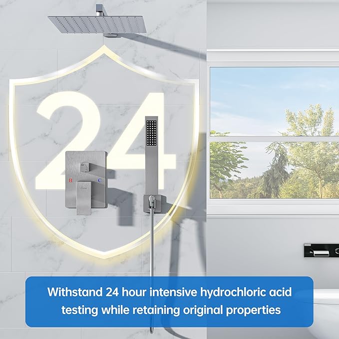 12 Inch Luxury Rain Shower Faucet Set, Brushed Nickel Shower System with Rainfall Shower Head and Handheld Spray, SUS304 Stainless Steel and Solid Brass Wall Mounted Shower Valve Trim Kit