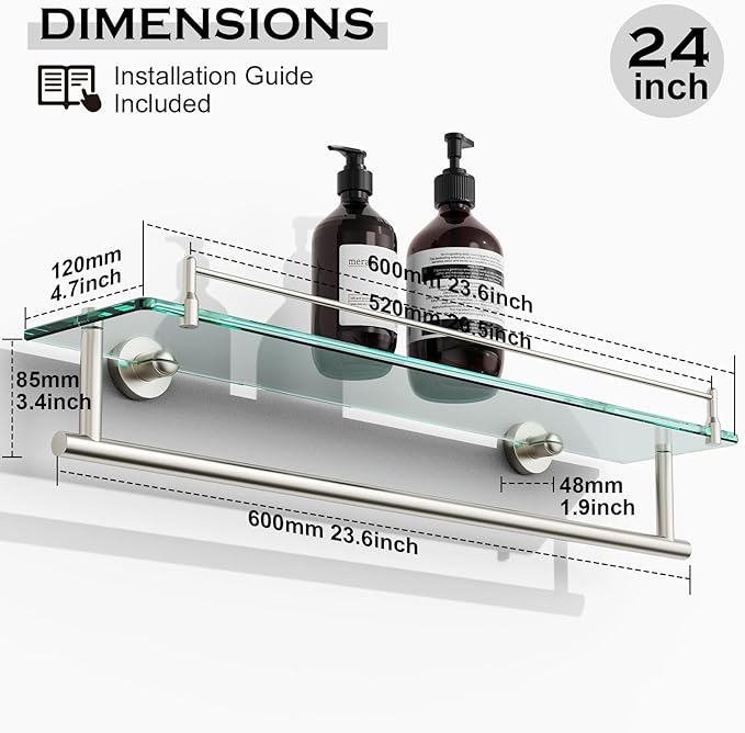 24-Inch Tempered Glass Bathroom Shelf with Towel Bar - Brushed Nickel Towel Holder Modern SUS304 Stainless Steel, Wall Mount Towel Hanger