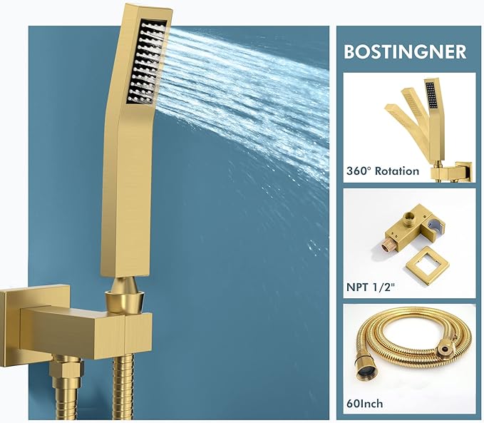 Brushed Gold Shower System with Body Jets，Bostingner 12" Rain Shower and Handheld, Can Use All Spray at A Time,Wall Mount Push Button Shower Faucet Set with Valve and Trim Kit Included