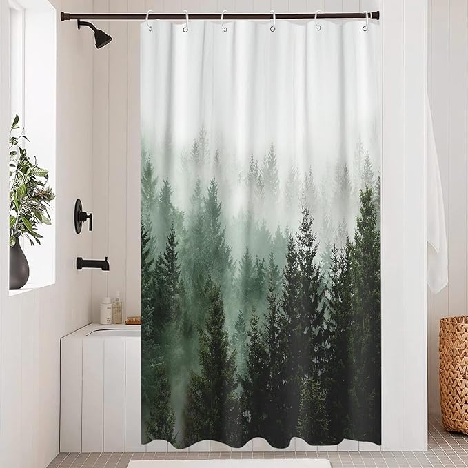 Aipon Green Misty Forest Shower Curtain Nature Tree Shower Curtain Set Dark Green Fabric Waterproof Shower Curtains for Bathroom Decor (36'' × 72'', Green4)