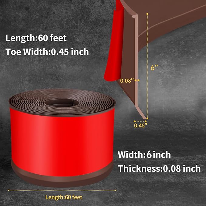 Flexible Baseboard Molding Trim 6 Inch Self-Adhesive Vinyl Wall Base Peel and Stick Cove Base Rubber Wall Baseboard Moulding Trim (60Ft, Brown)