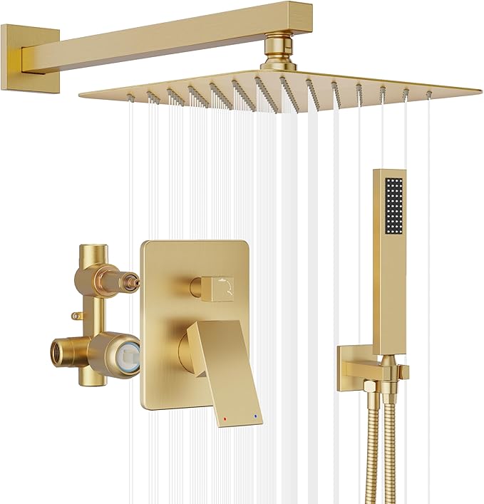 Gold Shower System, Shower Faucet Set with 10" Rain Showerhead and Handheld Combo Spray, Bathroom Wall Mounted High Pressure Shower Combo Set Included Valve and Trim, Brushed Gold