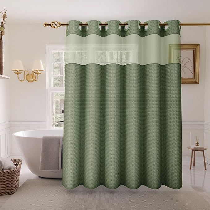 Inhousolu No Hook Shower Curtain with Snap in Fabric Liner Set Waffle Weave 230GSM Weighted Hem, Waterproof & Washable Bathroom Curtain Spa Luxury with Mesh Top Window 72" W x 72" L Sage Green