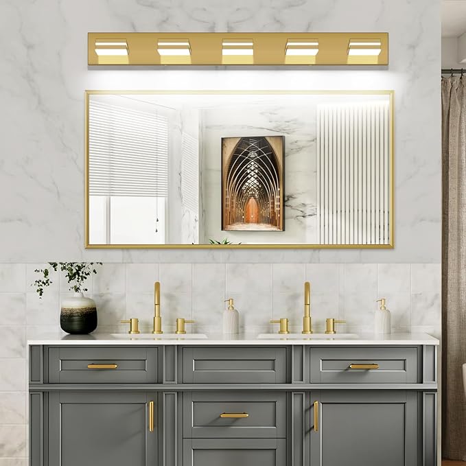 SineRise LED Modern Bathroom Vanity Light Fixtures (5-Light, 40-Inch, Dimmable), Brass Modern Acrylic Bathroom Wall Lighting Fixtures Over Mirror (Cool White 6000K)