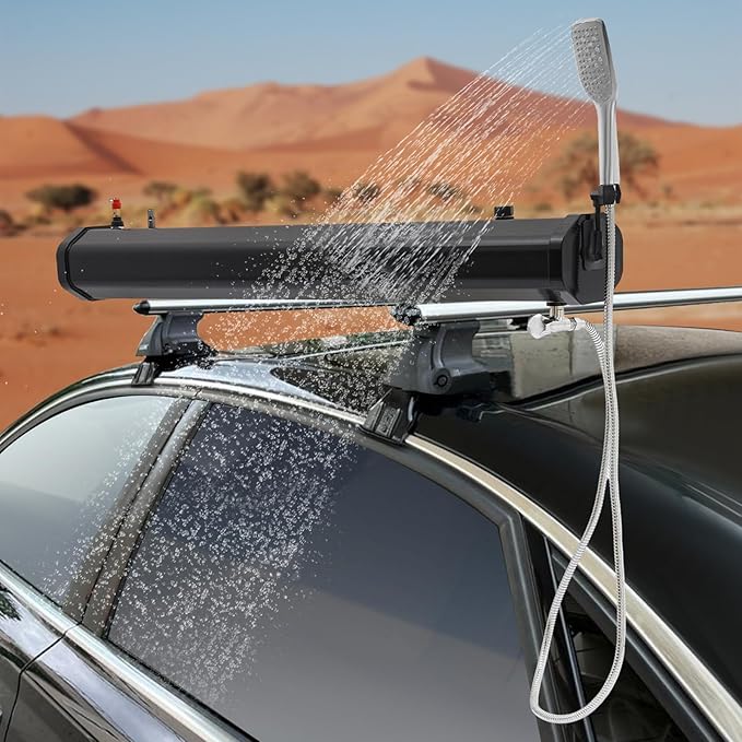 Pressurized Water Tank Portable Roof Rack Water Tank Over-Landing Pressurized Water Tank on Off-Road Vehicle with Shower, Hose & Storage Bag for Camping, Water Storage