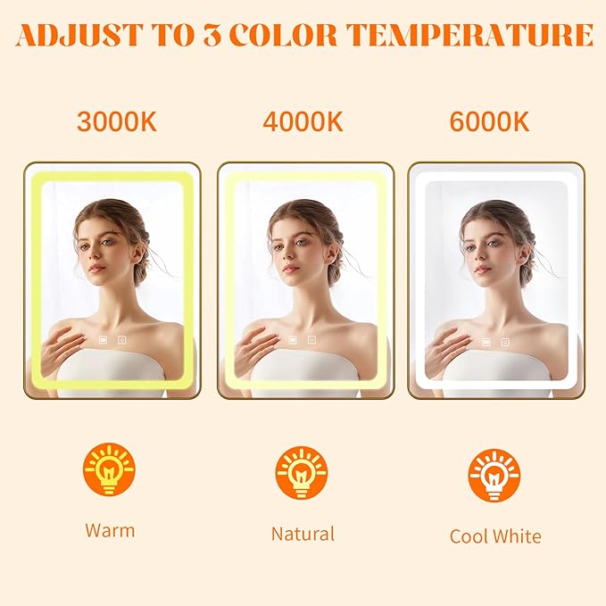 LED Bathroom Mirrors with Lights,24" x 36" Gold Square LED Mirror for Bathroom,Fogless,3 Colors Dimmable, Touch Sensor