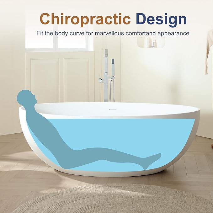 SJ STAR&JANE 67" x 39" Matte White Solid Surface Freestanding Bathtub, Oval Soaking Extra Wide Tub with Overflow and Pop-up Drain for Bathroom