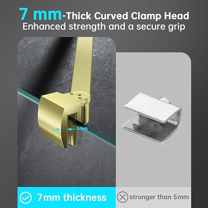Frameless Shower Door Support Bar, Stainless Steel Wall-to-Glass Support Arm to Fixed Shower Glass Panel, for 1/4"-3/8" (6-10 mm) Door, 180° Pivot & Stow-Flat Mode (Brushed Gold, 35.4-inch(900mm))