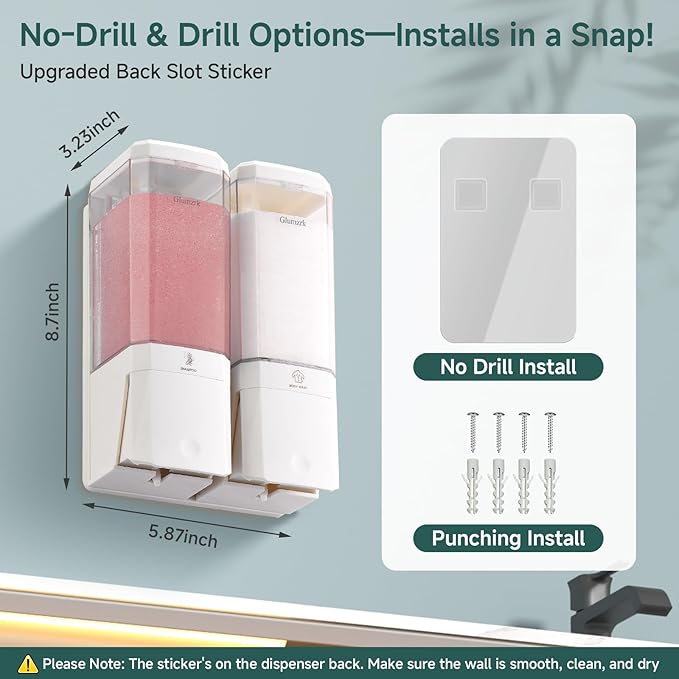 Shampoo and Conditioner Dispenser Wall Mounted No Drill, Shower Soap Dispenser 2 Chamber Shampoo Conditioner Body Wash Refillable 2 * 17oz Shower Soap Dispenser for Bathroom Hotel, White+Clear