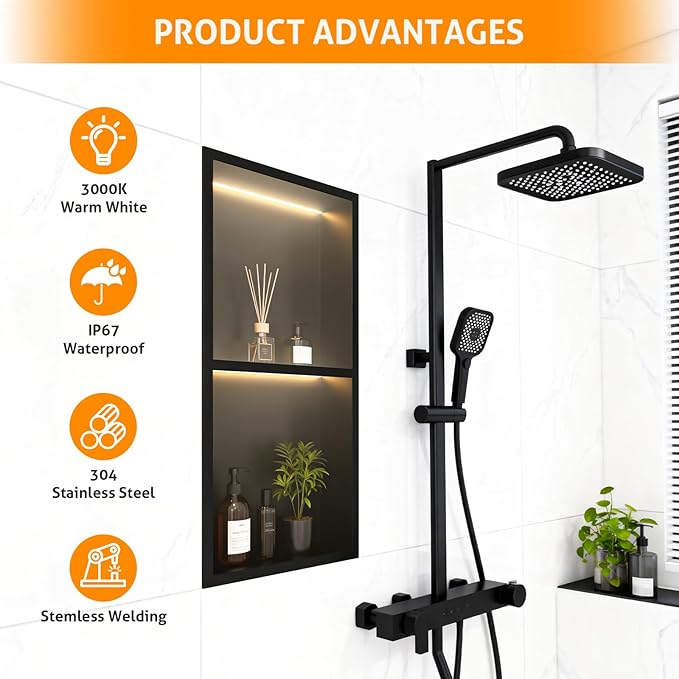 WICHEMI Stainless Steel Shower Niche 12" X 24", No Tile Needed Wall Niche with LED Light, Recessed Shower Shelf for Bathroom Storage Over Mount Installation, Matte Black