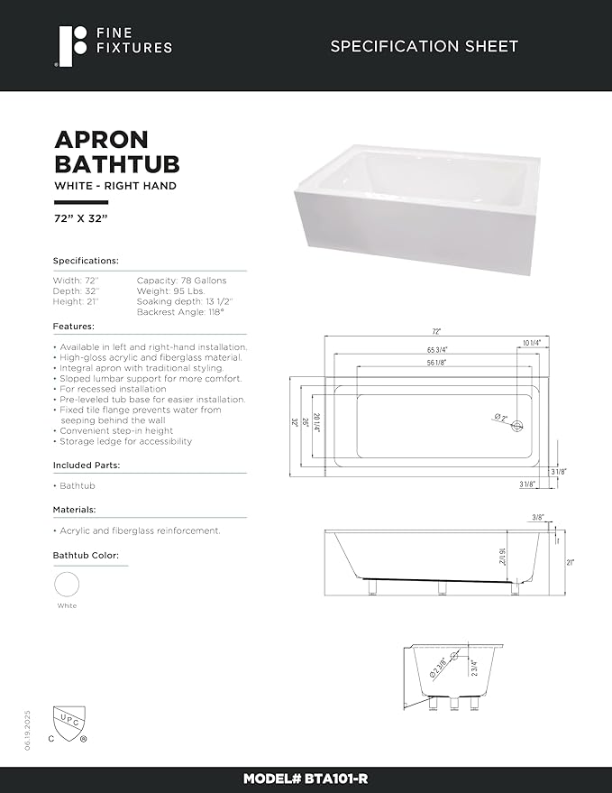 Fine Fixtures Acrylic, Fiberglass Alcove Soaking Bathtub with Integral Apron Front in Glossy White - Right Hand Drain, 72" x 32"