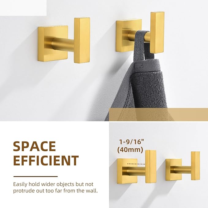 Angle Simple Towel Hooks for Bathroom, SUS 304 Stainless Steel Square Robe Coat Wall Hooks, Hand Towel Holder, Brassy Gold, 2 Pack