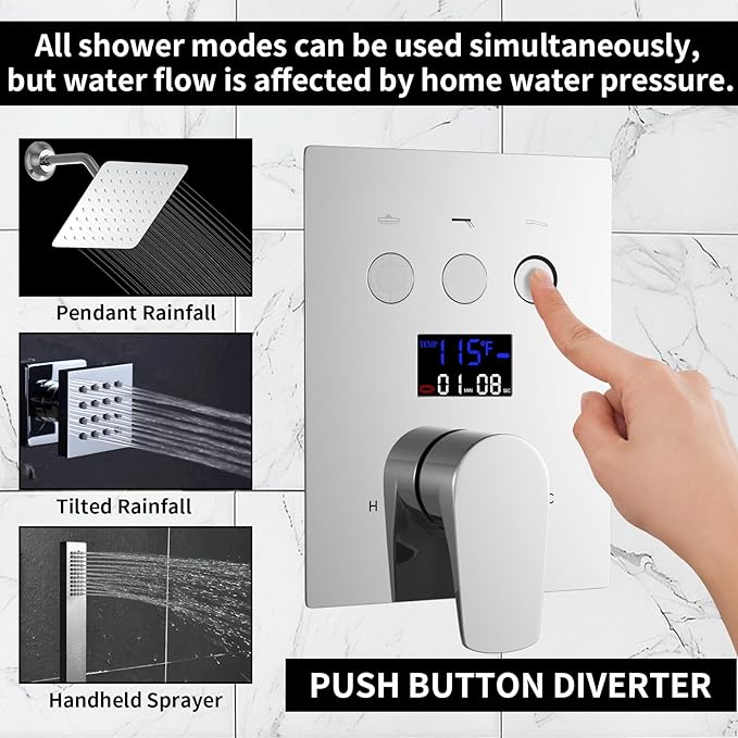 Bathroom Rainfall Shower System Wall Mount 8 Inch Shower Head With Handled Spray 6 Pcs jets Temperature Display Shower Faucet Set (Chrome)