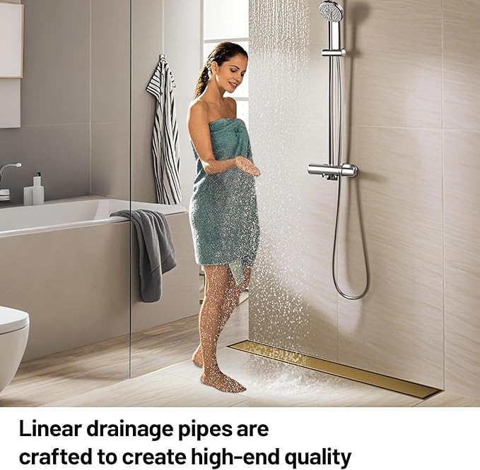 Linear Shower Drain, 304 Stainless Steel with Adjustable Leveling Feet, Hair Strainer,Reversely Install Place to Create an Invisible Floor Drain - Gold -54-Inch