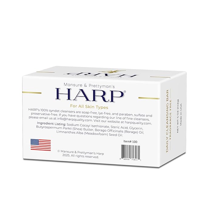 HARP pH-Balanced (5.0-6.0) Body Wash Bar. 100% Syndet. Protects Moisture Barrier For Sensitive, Dry or Irritated skin. + Shea Butter/Borage Oil. Non-Comedogenic. FRAGRANCE FREE