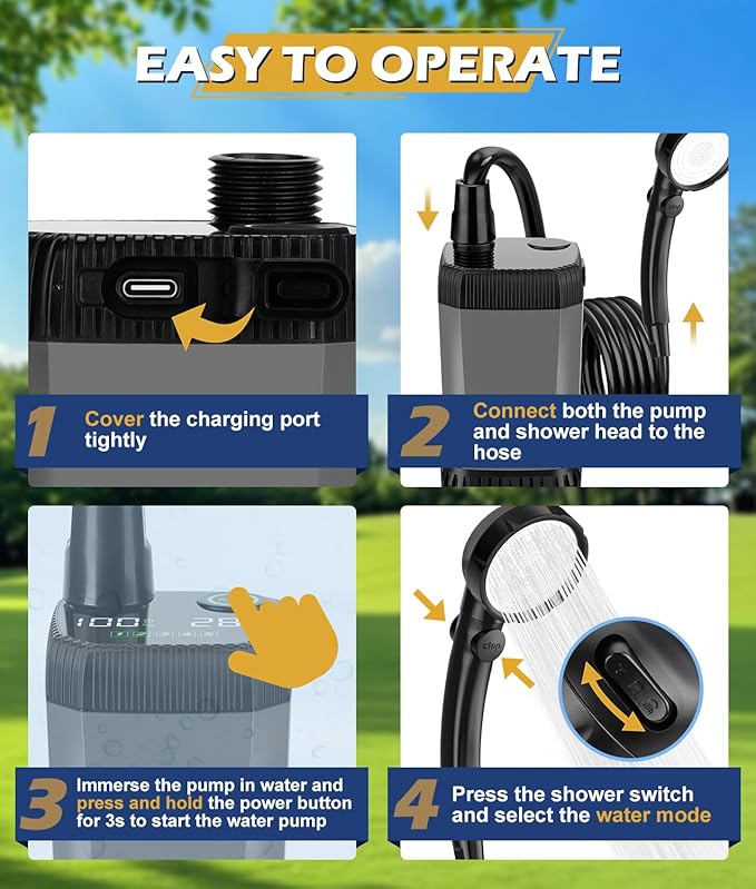 Upgraded Portable Shower for Camping, Rechargeable Camping Shower with LED Display, 5 Gal Collapsible Bucket, 5 Adjustable Speeds, IPX8 Waterproof Portable Shower Kit for Hiking, Car, Pet, Travel