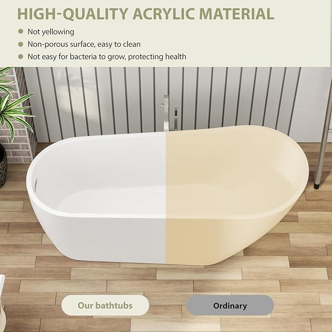 Mocoloo Freestanding Bathtub - 67 Inch Acrylic Stand Alone Soaking Bath Tub for Bathroom with a Right Overflow and Drain