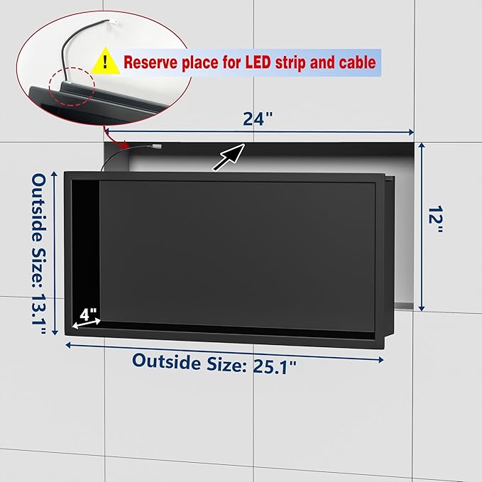 RGB LED Light Shower Niche, Matte Black 24X12 in Stainless Steel Recessed Storage with Remote Control, Waterproof No Tile Needed Wall Niche for Bathroom Storage Built-in Installation
