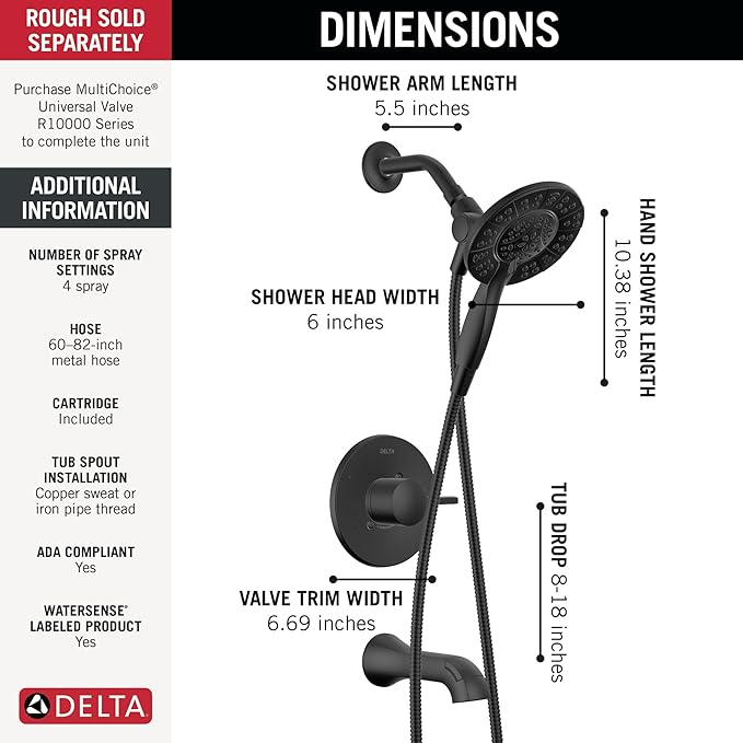 Delta Faucet Albion 14 Series Single-Handle Tub and Shower Faucet Set, Black Shower Trim Kit with 4-Setting In2ition 2-in-1 Dual Hand Held Shower Head, Matte Black T144855-BL-I (Valve Not Included)