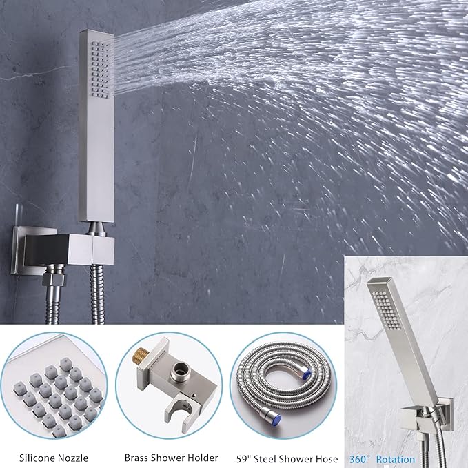 Brushed Nickel Shower System with 12+8+8" Three Top Shower Heads, Full Body Shower System with Temperature Display,Handheld Sprayer and Body Jets Shower Set