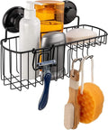 HASKO Shower Caddy Suction Cup, Shower Shelf with Soap Dish and Hooks Organizer, Suction Bathroom Shelf for Storage, Wall Mounted Basket, Black