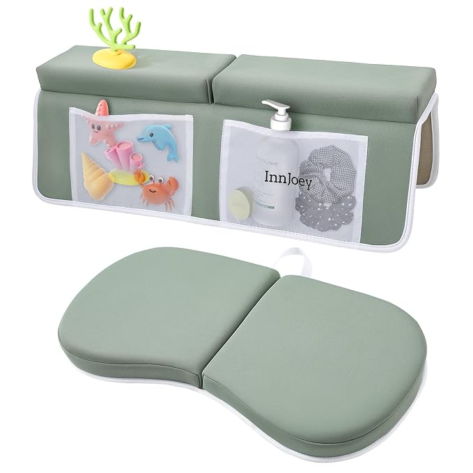 Baby Bath Kneeler and Elbow Rest Pad Set, 1.6'' Thick, Quickly Dry, Bathtub Kneeler Pad with Baby Toys & Bath Accessories Storage, Bath Kneeling Pad and Elbow Pad for Baby Tub Green