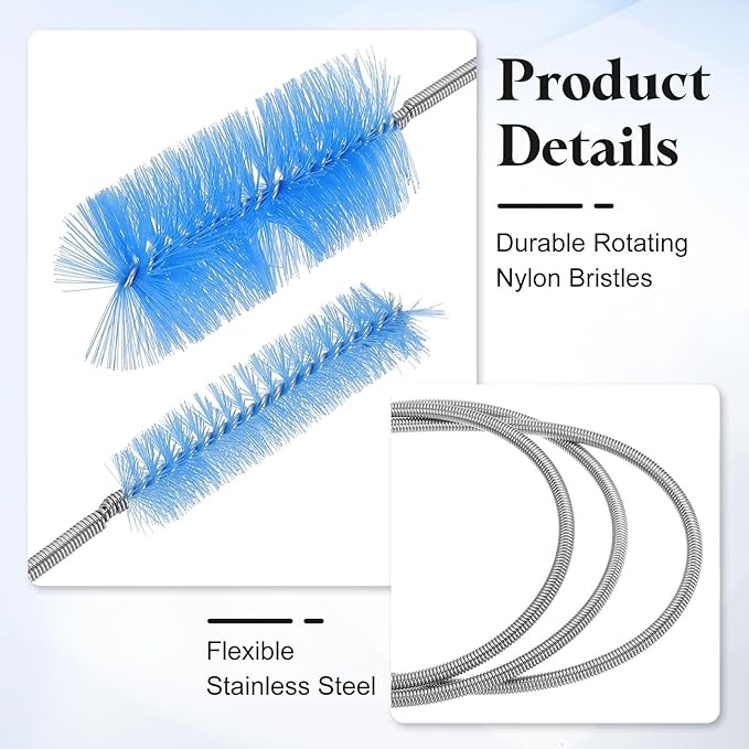 HARFINGTON 3pcs Flexible Long Drain Brush Straw Cleaner Set 61.02" Stainless Steel Double Ended Hose Brush with 8" Nylon Long Tube Pipe Cleaning for Fish Tank Sink Pipe, Blue