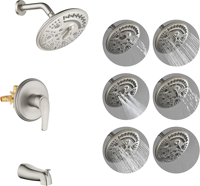 SHAMANDA Shower Tub Faucet Set with Rough-in Valve and Trim Kit, Shower System with Waterfall Diverter Tub Spout, Single Handle 8 Inch 6-Spray Rain Shower Head Combo Set, Brushed Nickel, L818-2