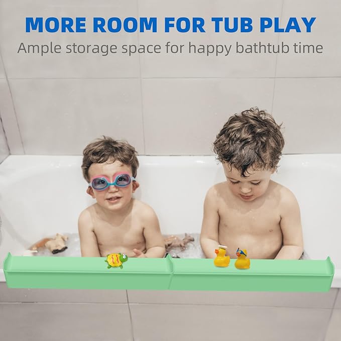 Splash Guard for Bathtub, 3.8" x 3.6" Silicone Bath Tub Splash Guard with 6 Suction Cups, Bathtub SplashGuard Play Shelf Area for Kids with 3°Drainage Slope for Faster Drying - 2 Packs Green