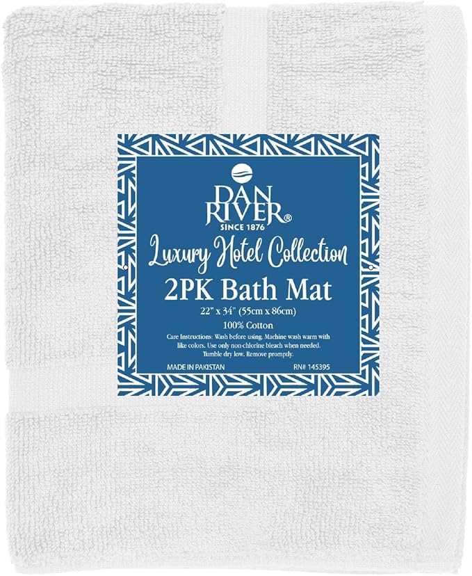 DAN RIVER Classic Cotton Bath Mats Set of 2 – Not a Bathroom Rug, Ultra Soft, Highly Absorbent & Machine Washable Bath Mat Towel for Bathroom Floor Mat – Durable, Quick-Dry, 21x34 Inches, White