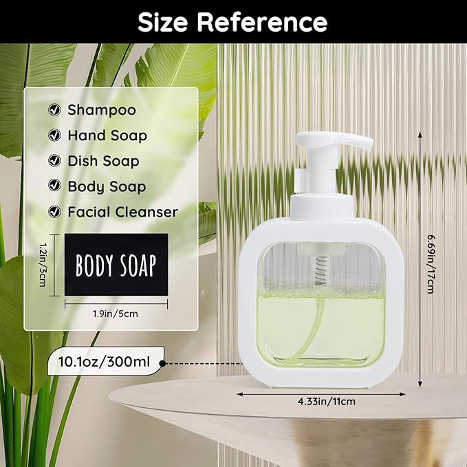 Segbeauty 10.1oz Foam Hand Soap Dispenser for Bathroom, 300ml Foamer Bottle with Pump and Waterproof Labels, 3pcs Foaming Dish Soap Dispenser for Shampoo, White Empty Refillable Plastic Containers