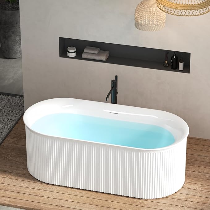 FerdY Nami 67" Acrylic Freestanding Bathtub, V Shape Freestanding Soaking Acrylic Bathtub, Modern White, Brushed Nickel Pop-Up Drain and Minimalist Design Overflow, cUPC Certified