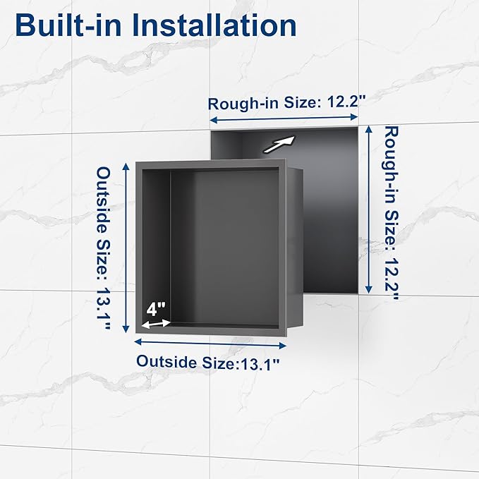 Neodrain 12X12Inch Shower Niche in Wall, Gun Metal Stainless Niche NO Tile Needed Recessed Cubby Shelf Shower for Bathroom Storage