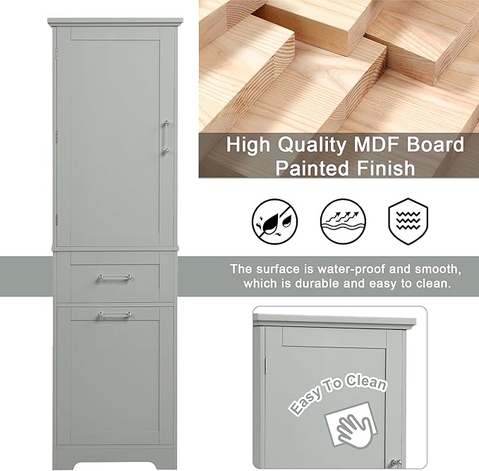 Favfurish 68" Tall Bathroom Storage Cabinet with Door and 2 Drawer,Modern Linen Cabinets w/Adjustable Shelf & Magnetic Door Stopper,Freestanding Organizer for Bath Room,Study,Office,Kitchen Grey