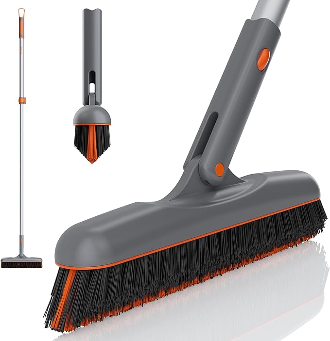 Eazer 53‘’ Grout Brush with Long Handle, 180°Rotation Tile Grout Cleaning Tool, V-Shape Shower Scrubber Cleaner, Stiff Bristle for Cleaning Bathroom Wall, Baseboards, Tile Floors - 2 Head